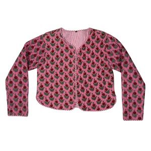 Pink Floral Block Print Quilted Reversible Jacket Boho Kantha Stripe Pink Red